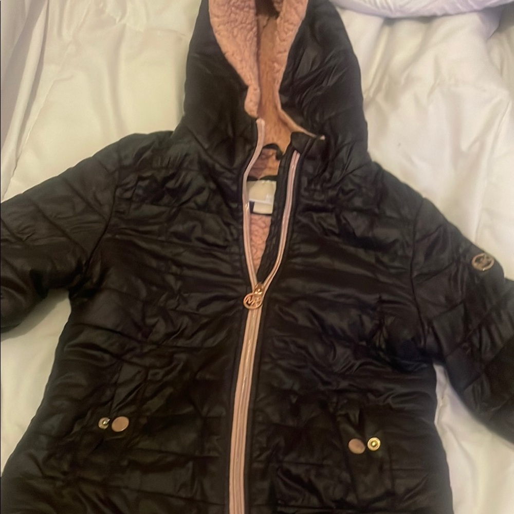 Michael Kors Collection Black and Pink Quilted Puffer Jacket with Hood